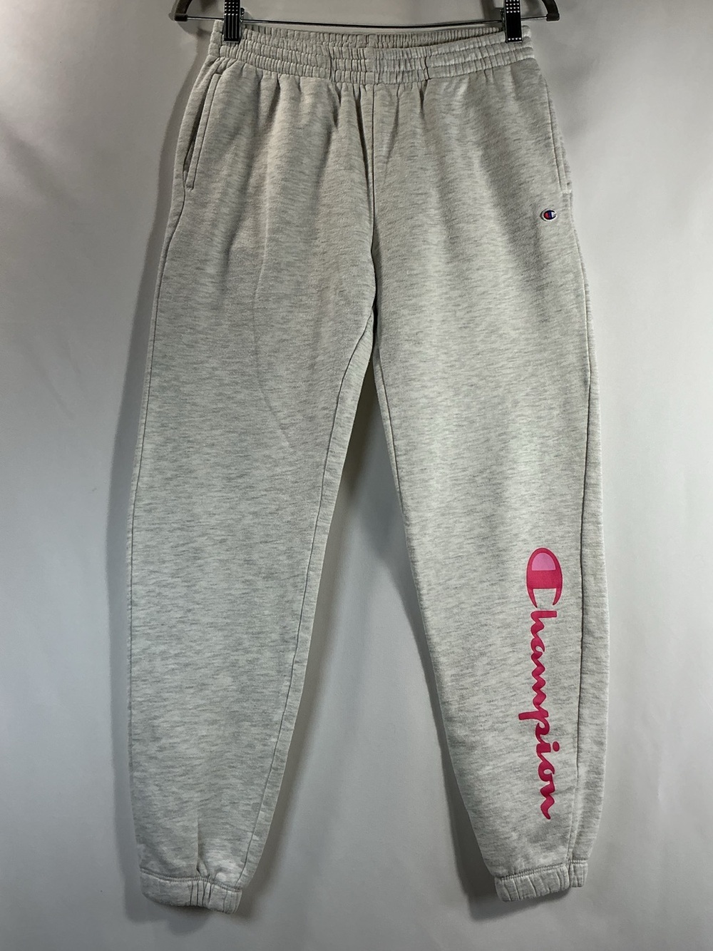 Champion Light Gray Sweatpants with Pink Logo Script